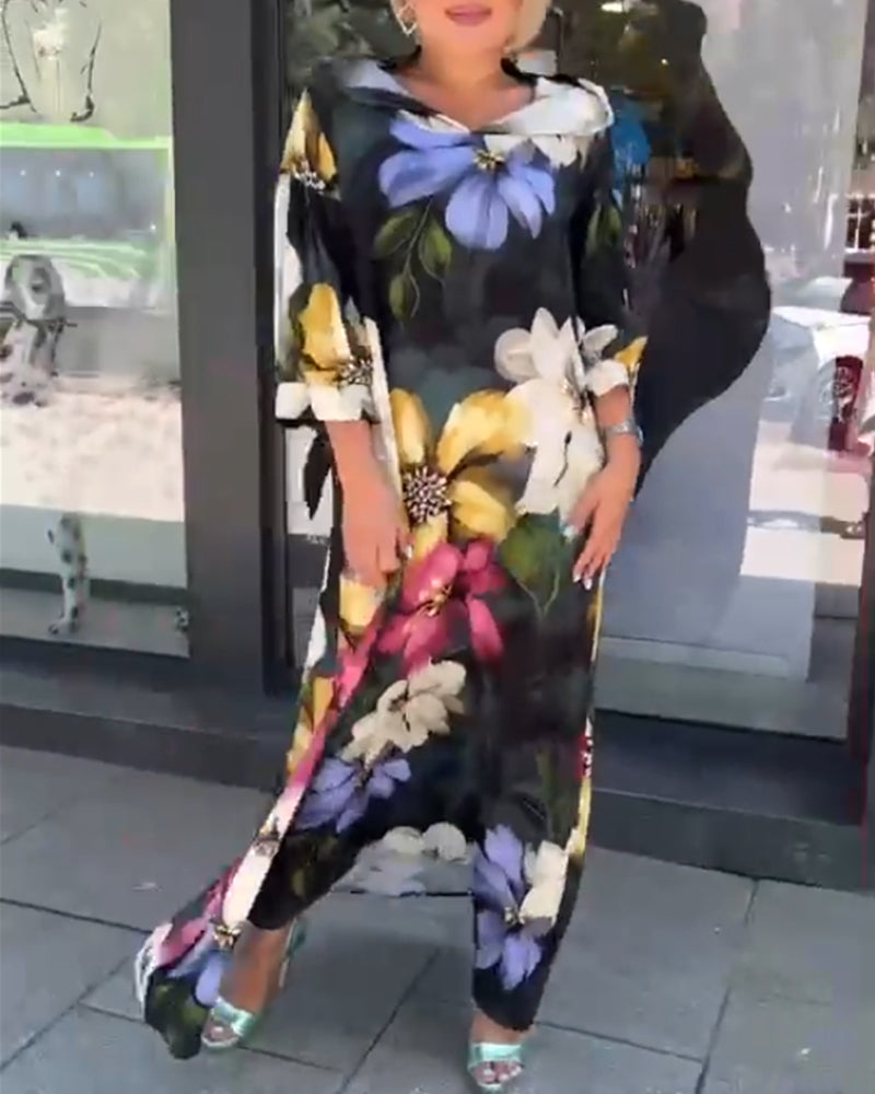 3/4-ermet kjole med blomstertrykk