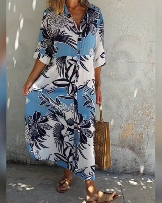 Uformell skjortekjole med blomstertrykk