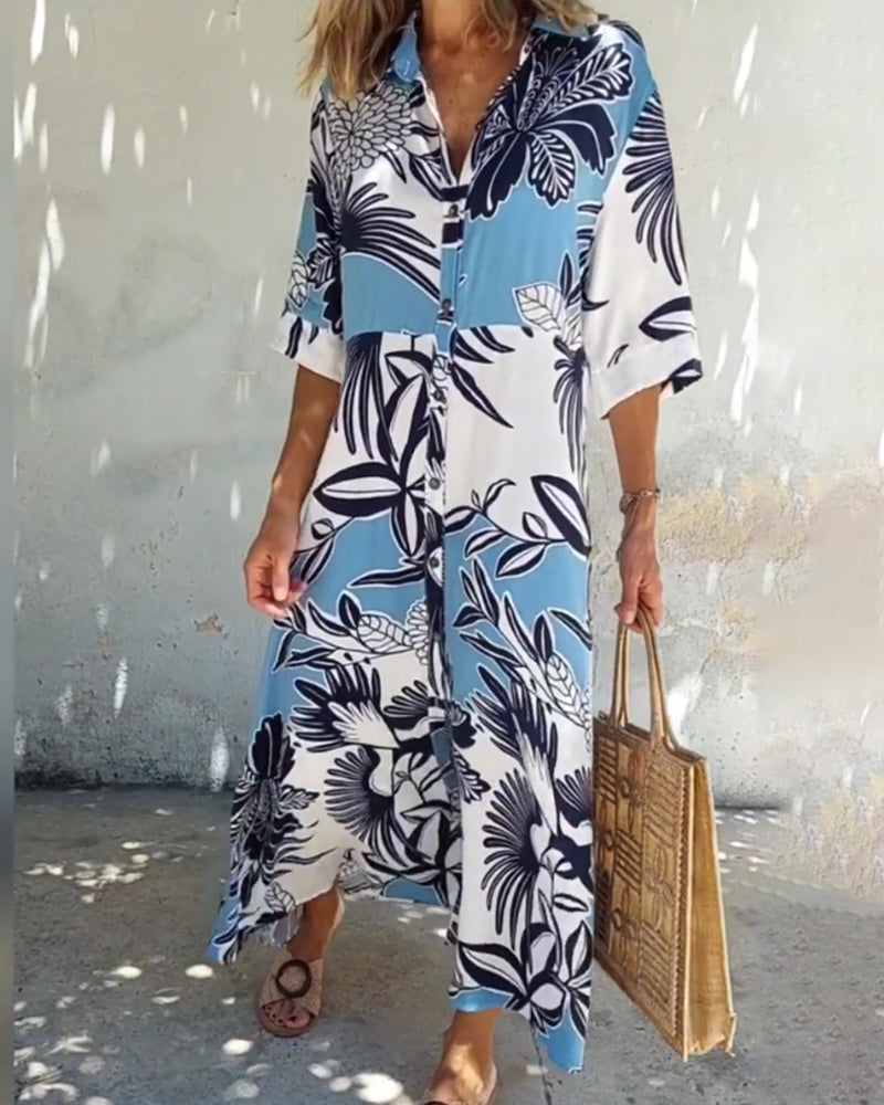 Uformell skjortekjole med blomstertrykk