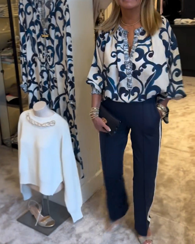 Bluse med lanterne med retromønstertrykk