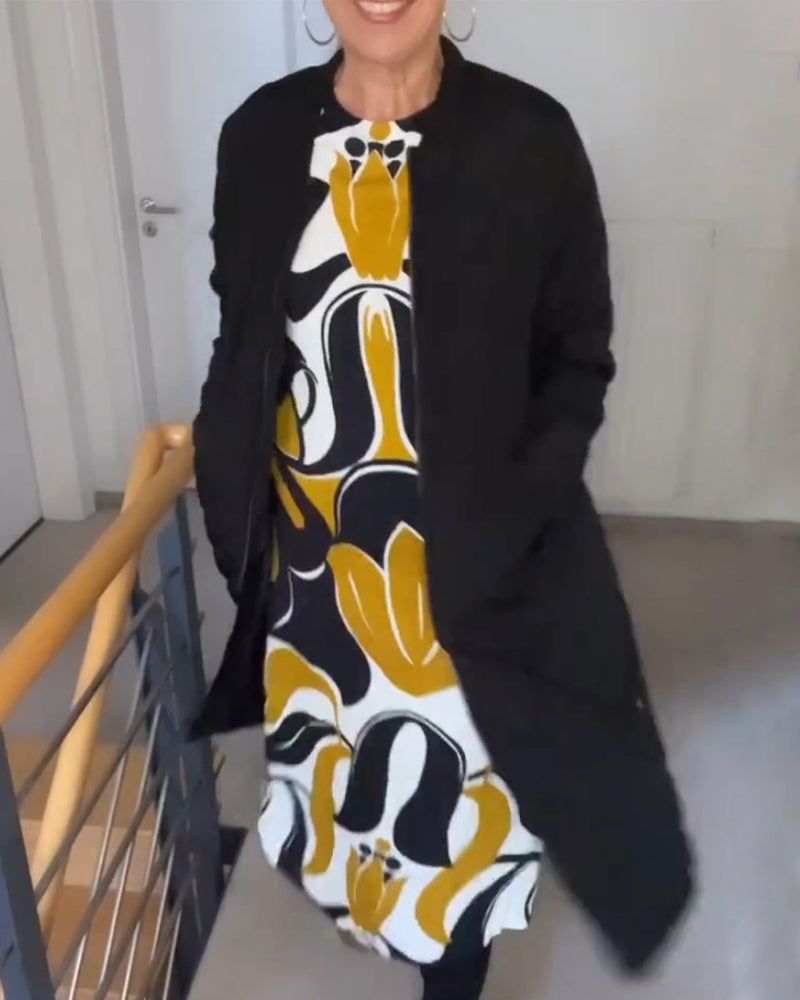 Trykt kjole med rund hals