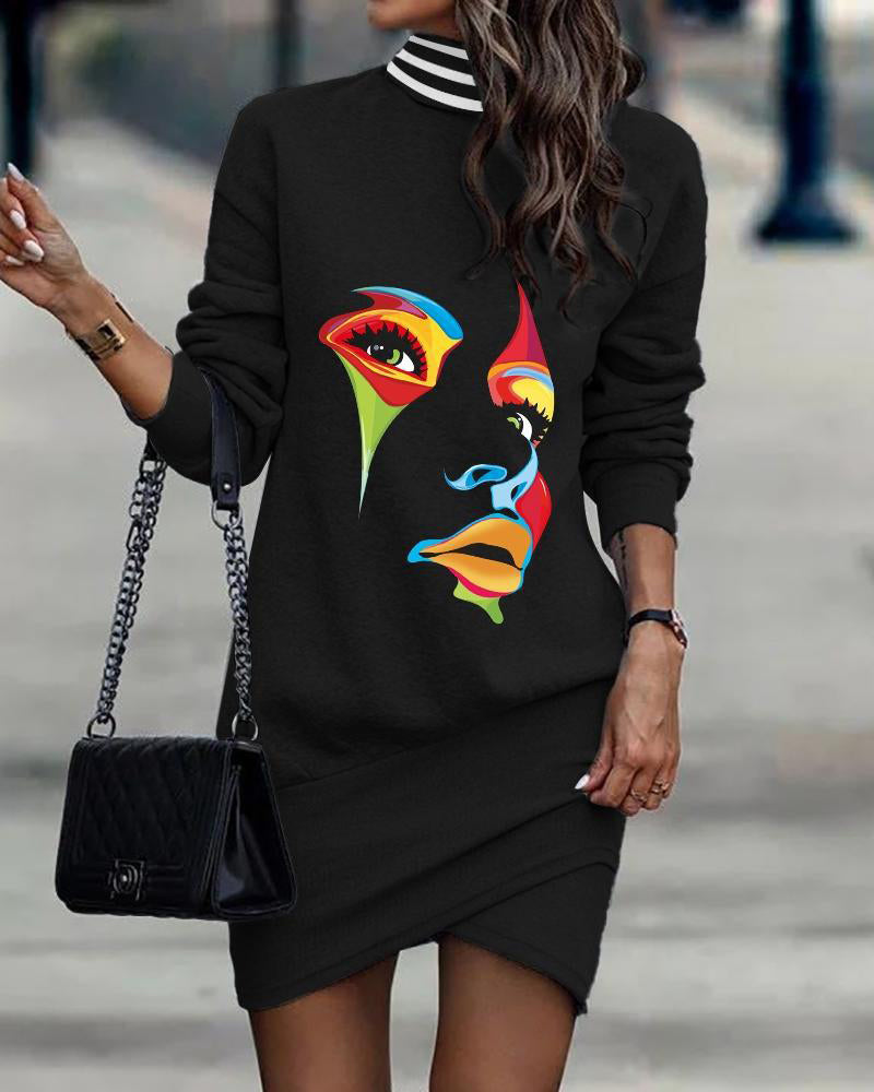 Langermet kjole med turtleneck print