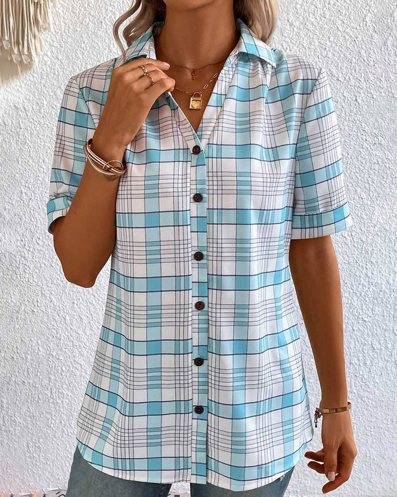 Bluse med jakkekrage i rutete trykk