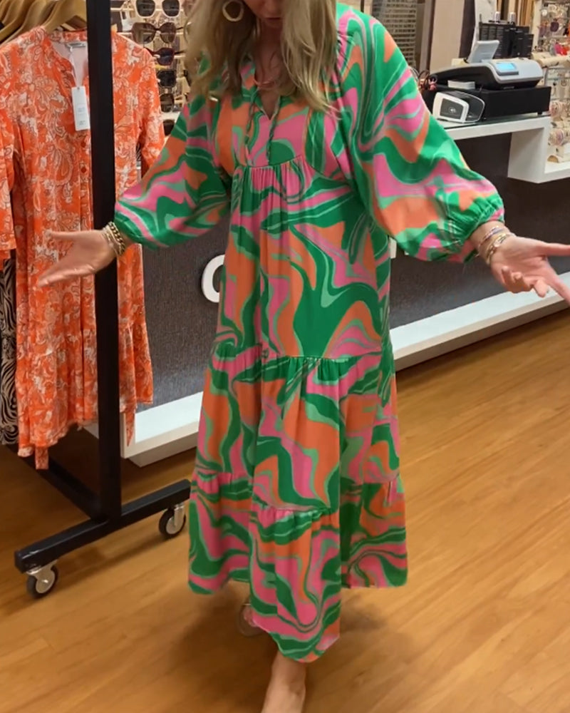 Trykket v-hals maxi kjole