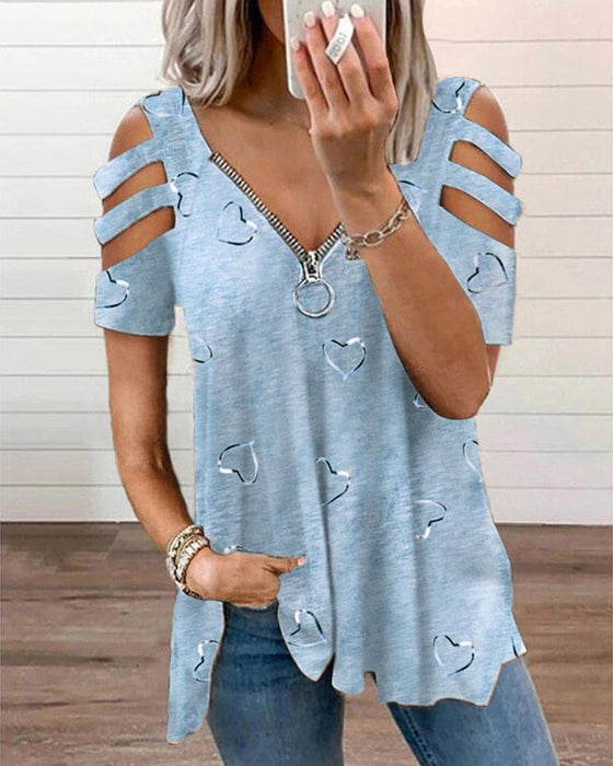 V-hals T-skjorte med hjertetrykk og glidelås