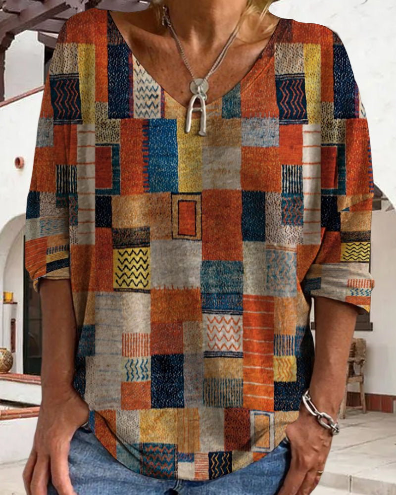 Fargerike trykt bluse med etnisk-design