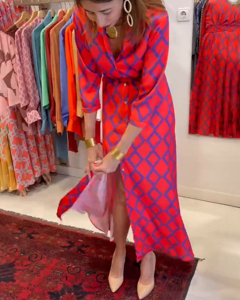 Skjortekjole med V-hals og 3/4-ermer