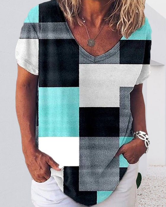 T-skjorte med blomster og rutete trykk med korte ermer