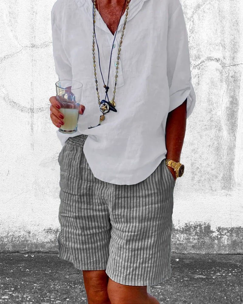 Shorts med stripetrykk i bomull og lin