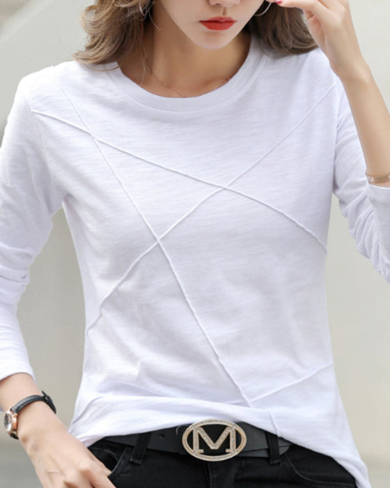 Ensfarget topp med lange ermer med rund hals