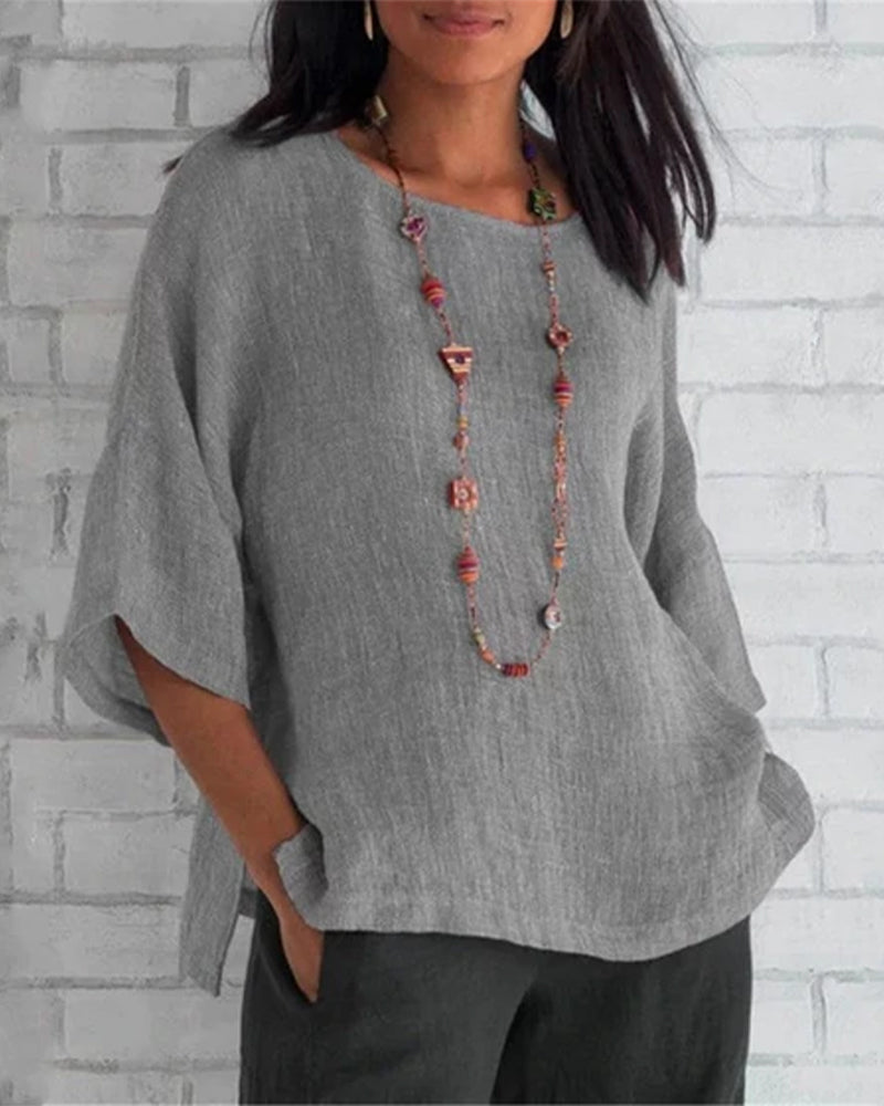 Ensfarget 3/4-ermet topp med rund hals