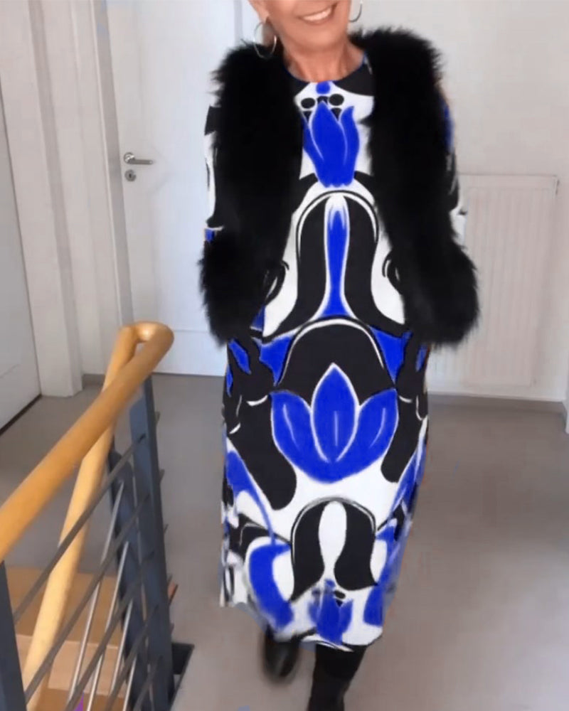 Trykt kjole med rund hals