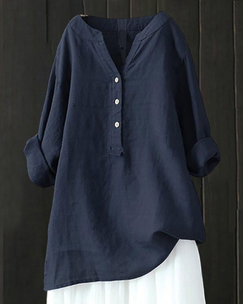 Ensfarget langermet skjorte med V-hals