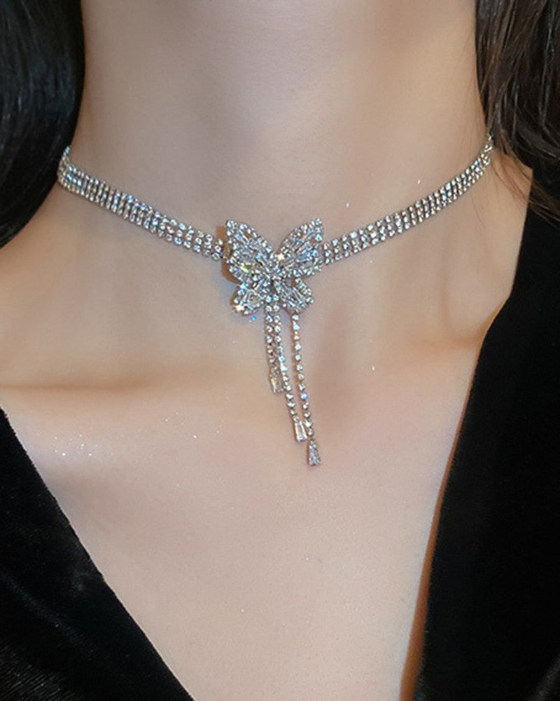 Rhinestone Butterfly Tassel Chain Halskjede øredobber