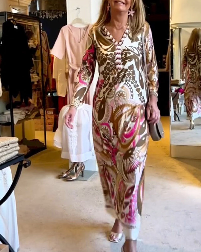 V-hals avslappet lang kjole med tryk