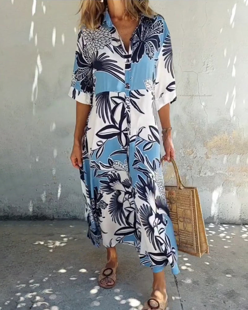 Uformell skjortekjole med blomstertrykk