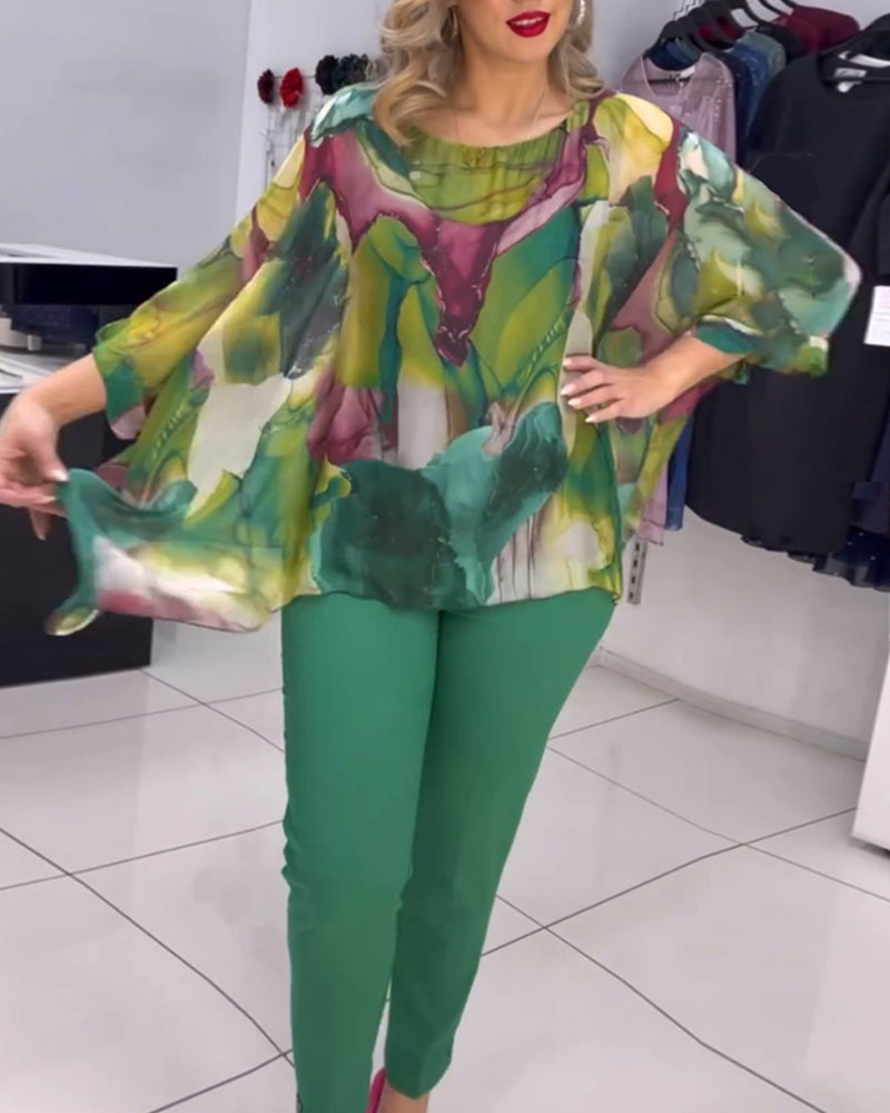 Bluse med flaggermuserm med rund hals