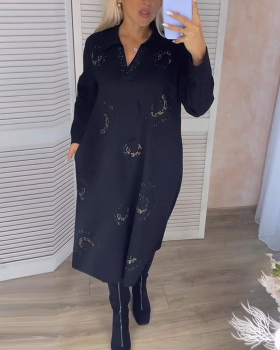 Midikjole med revers og lange ermer