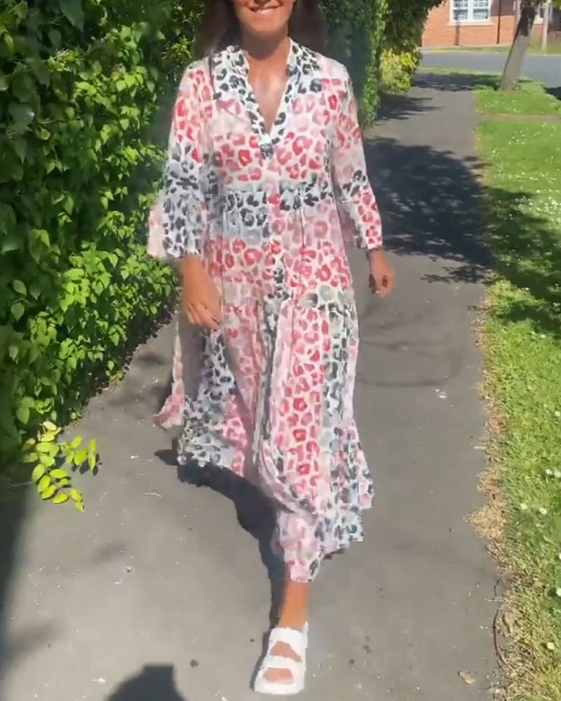 V-hals printet volang uformell kjole