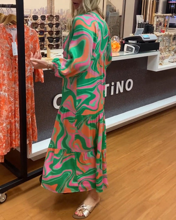 Trykket v-hals maxi kjole