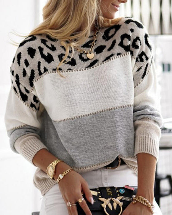 Colorblock Leopard genser med rund hals