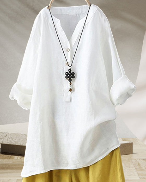 Ensfarget langermet skjorte med V-hals