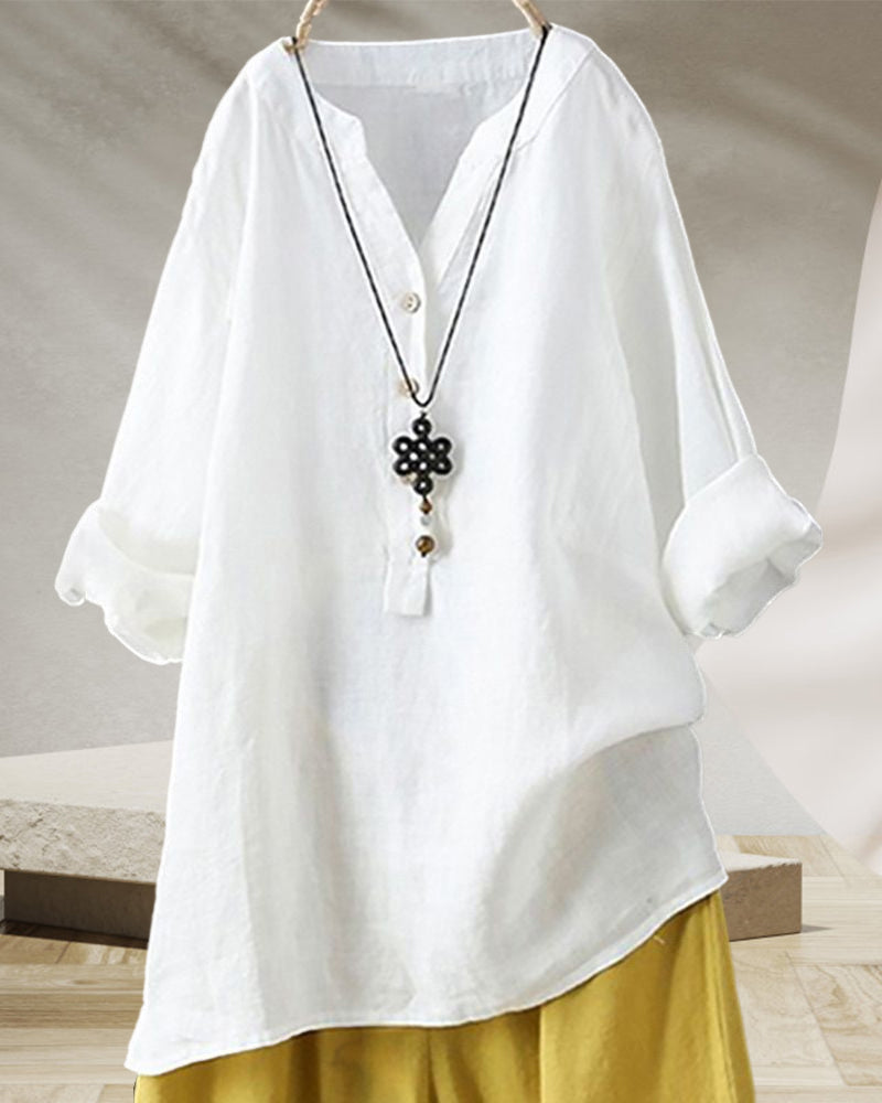 Ensfarget langermet skjorte med V-hals