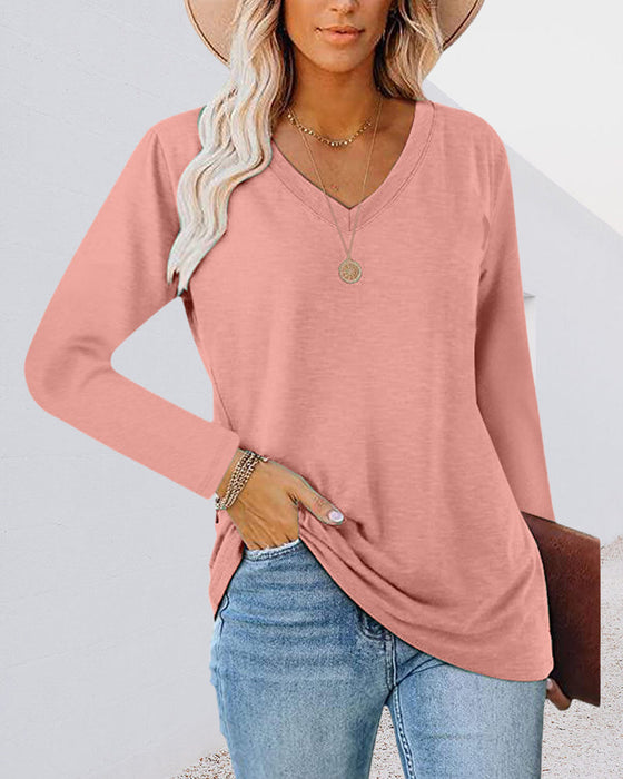 V-hals ensfarget langermet t-skjorte