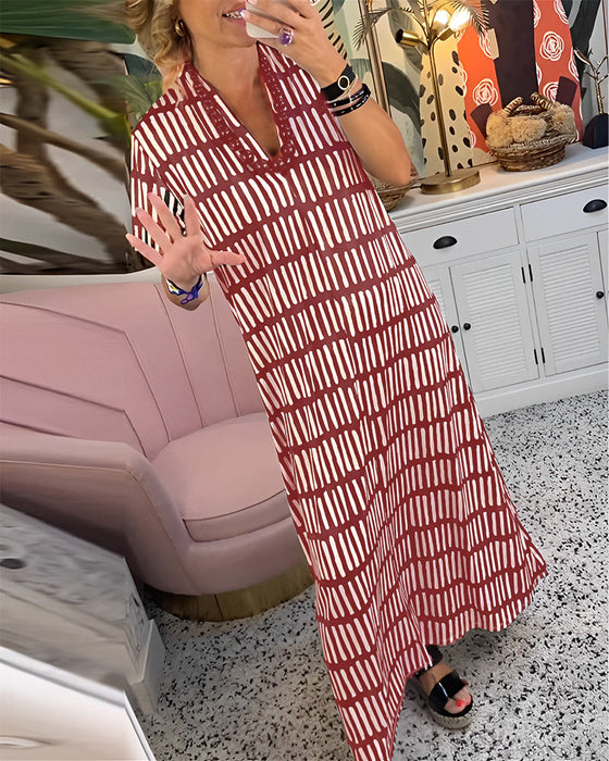 Printet kortermet uformell lang kjole