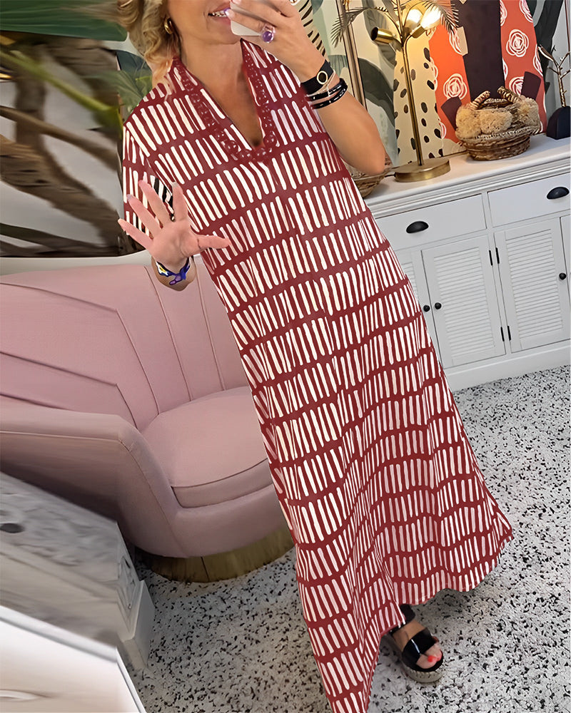 Printet kortermet uformell lang kjole