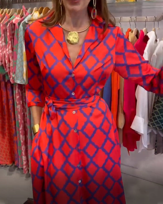 Skjortekjole med V-hals og 3/4-ermer