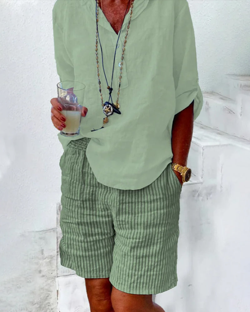 Shorts med stripetrykk i bomull og lin