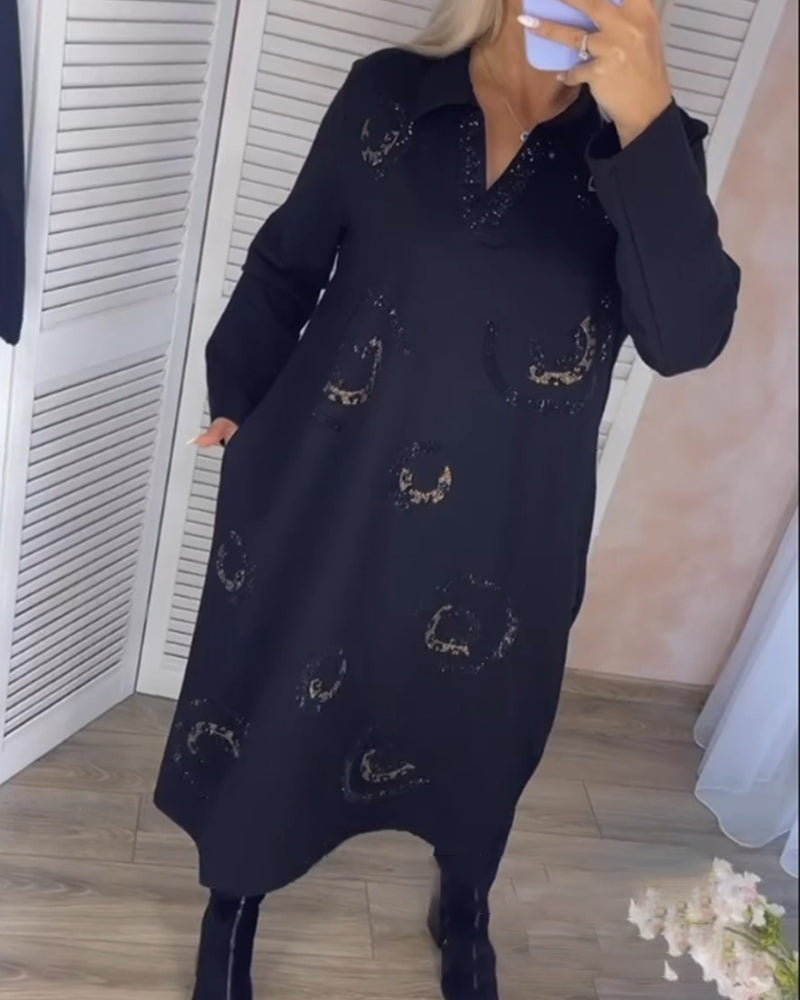 Midikjole med revers og lange ermer