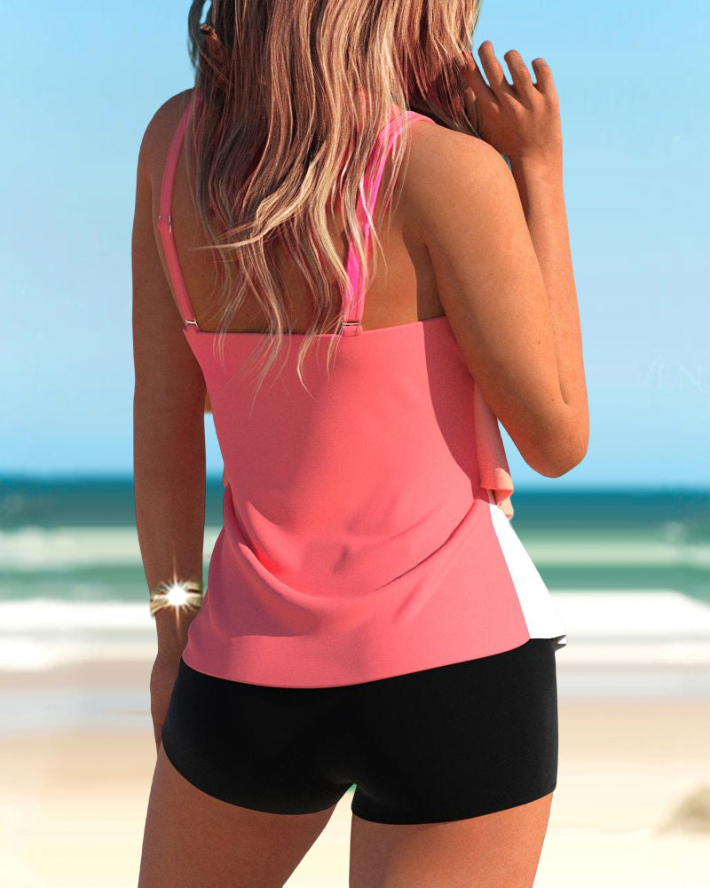 V-hals fargeblokk tankini badedrakt