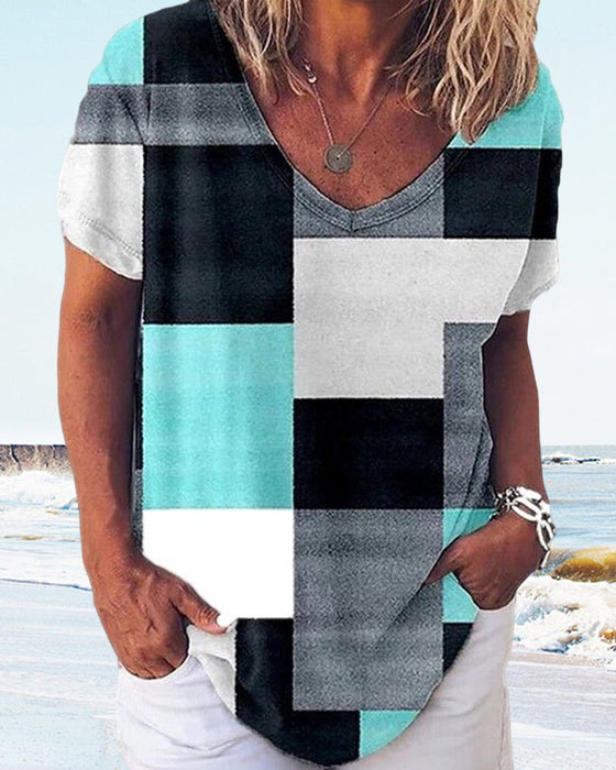 T-skjorte med blomster og rutete trykk med korte ermer