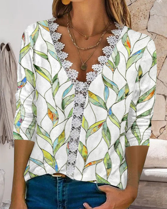 3/4-ermet blondepanel med V-hals trykt topp