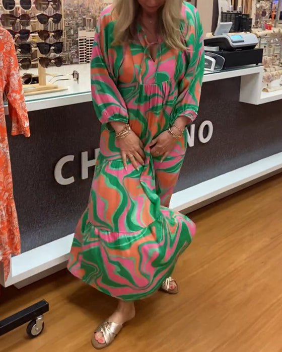 Trykket v-hals maxi kjole