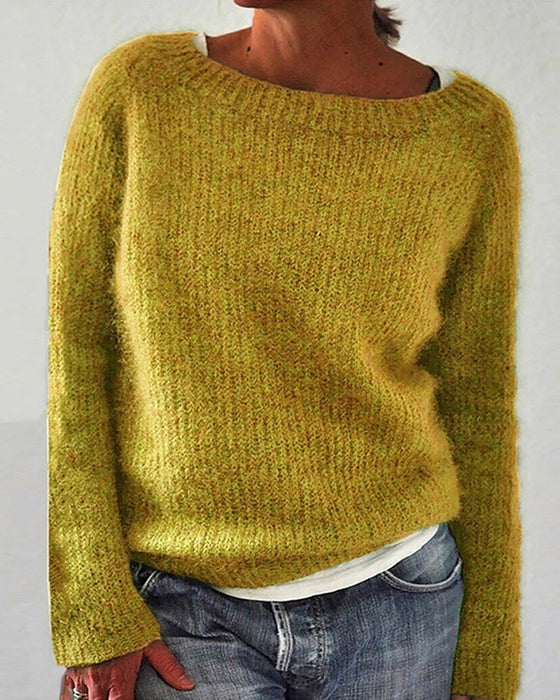 Langermet ensfarget genser med rund hals