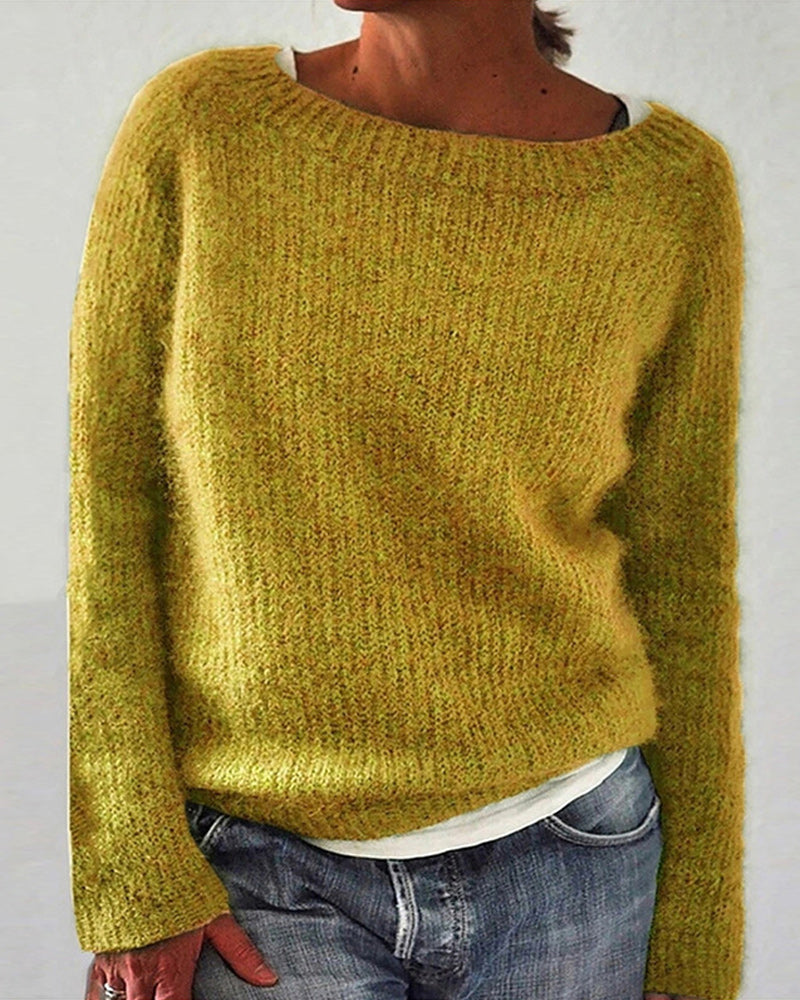 Langermet ensfarget genser med rund hals