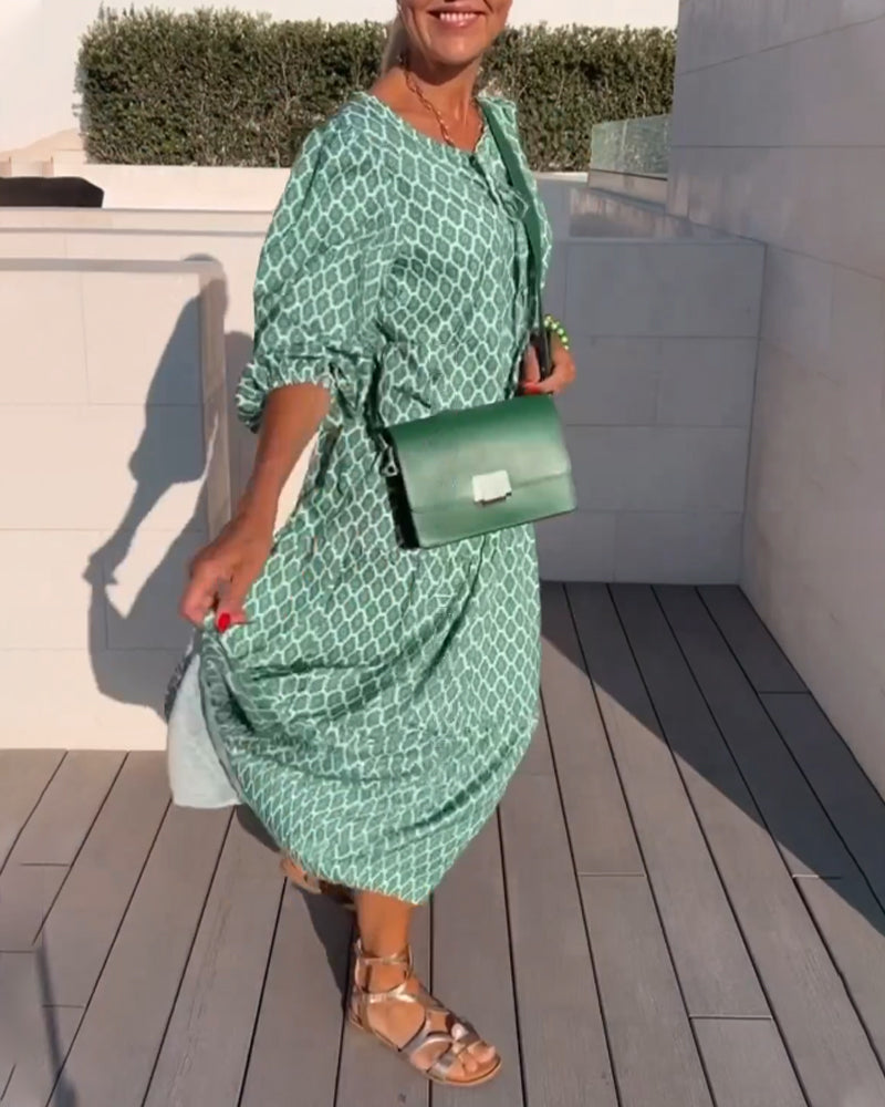 Rund hals mote print kjole