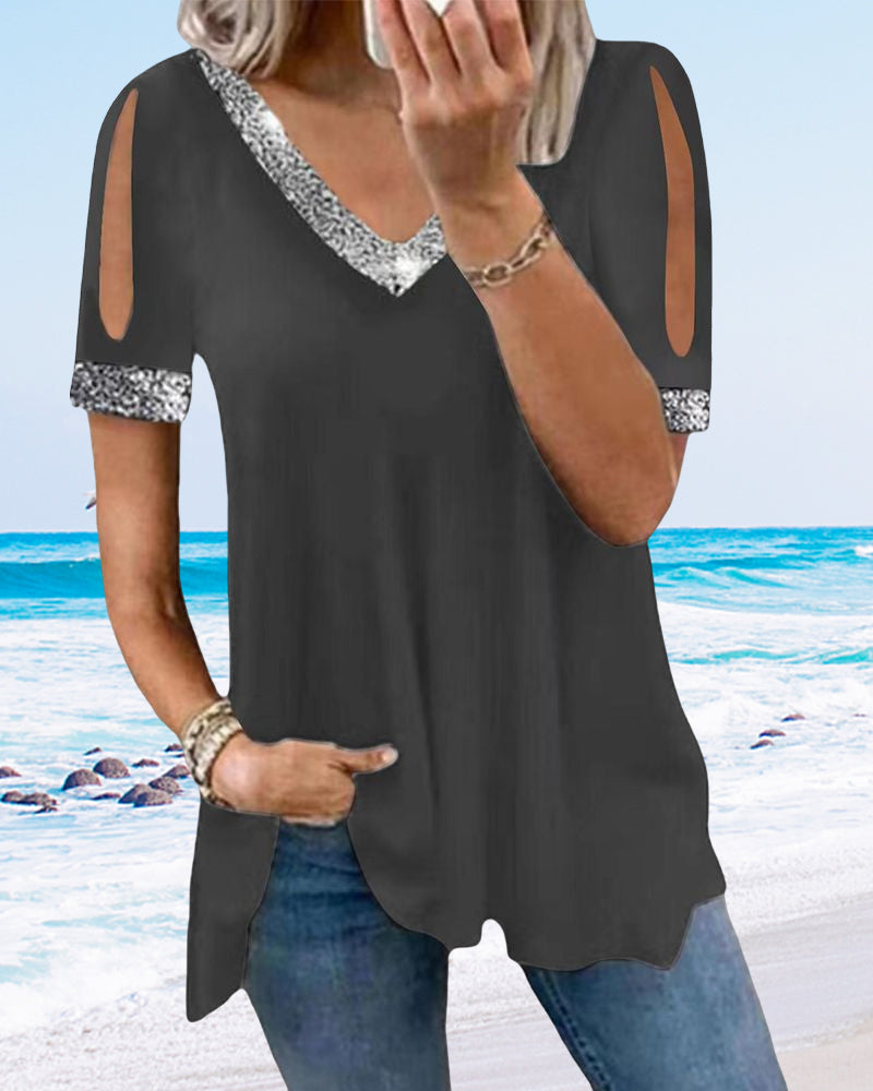 Solid t-skjorte med paljetter utenfor skulderen