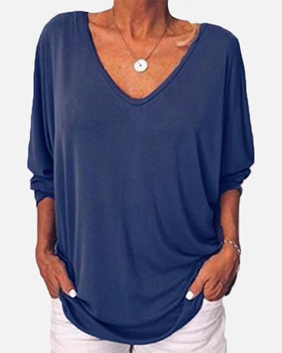 V-hals Topp med 3/4 Erme og Knapper på Ryggen