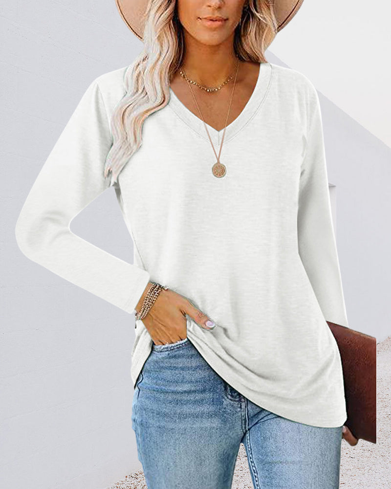V-hals ensfarget langermet t-skjorte