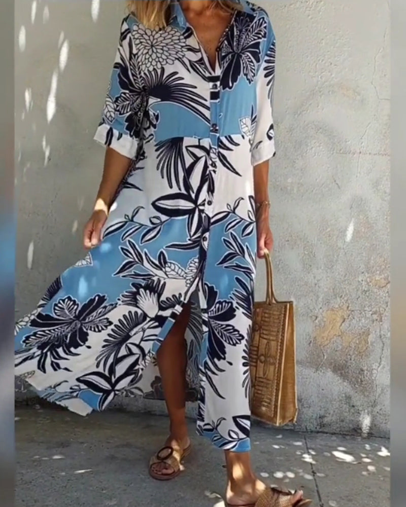 Uformell skjortekjole med blomstertrykk