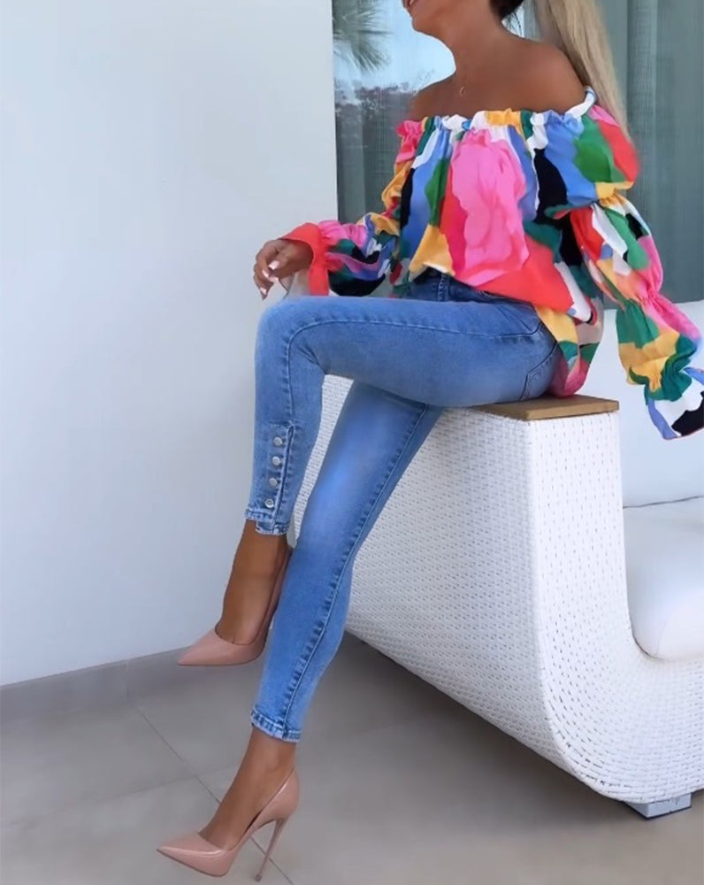 Fargerik printet en-skulder casual topp
