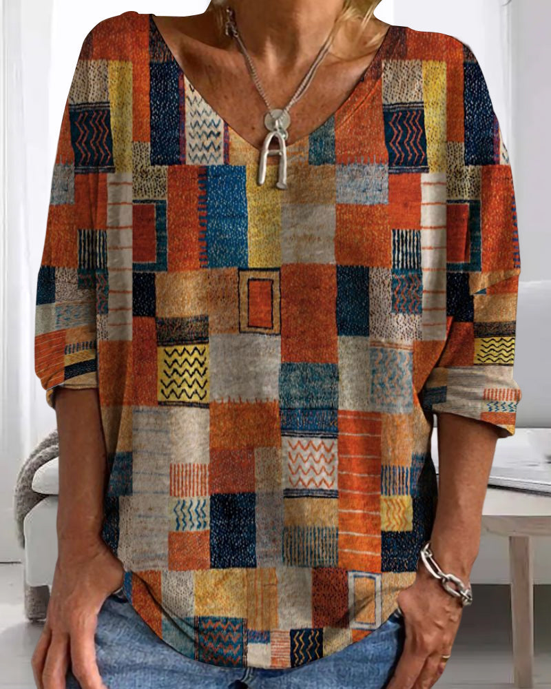 Fargerike trykt bluse med etnisk-design