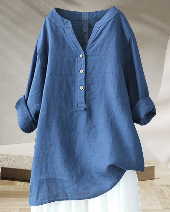 Ensfarget langermet skjorte med V-hals