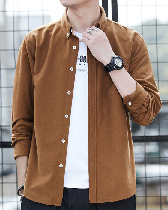 Skjorte med ensfarget med langermet med cordfløyel