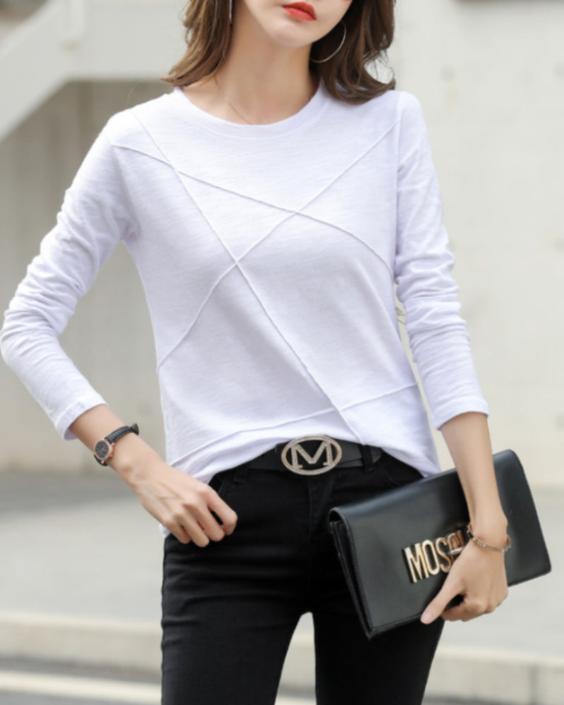 Ensfarget topp med lange ermer med rund hals