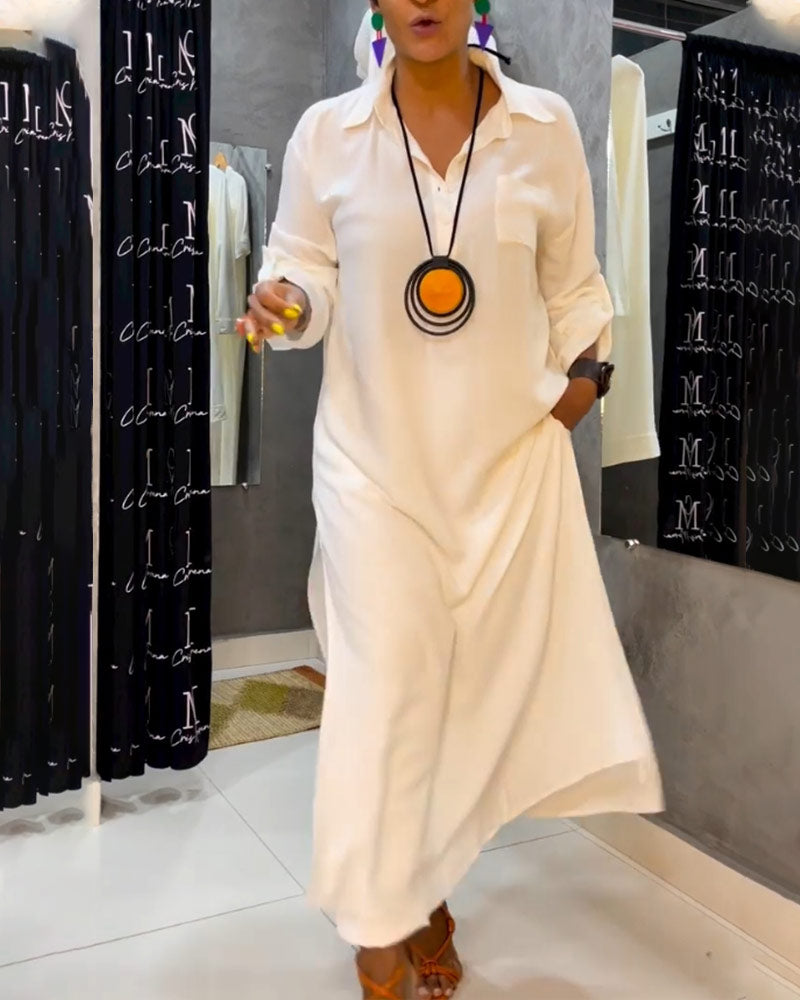 Fastfarge kjole med jakkeslag og lomme